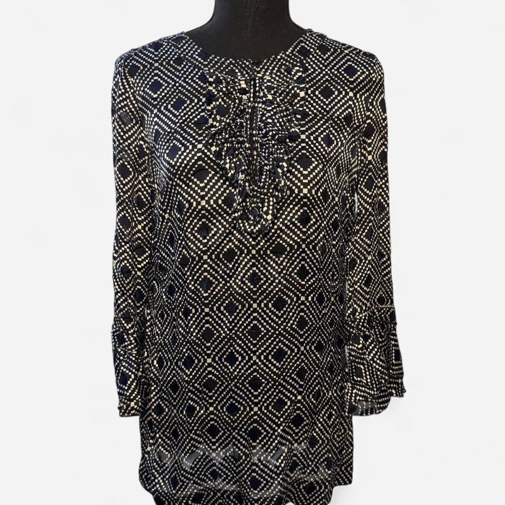 Tory Burch Navy Diamond Print Silk Ruffle Tunic Blouse Bell‎ Sleeve Size 4